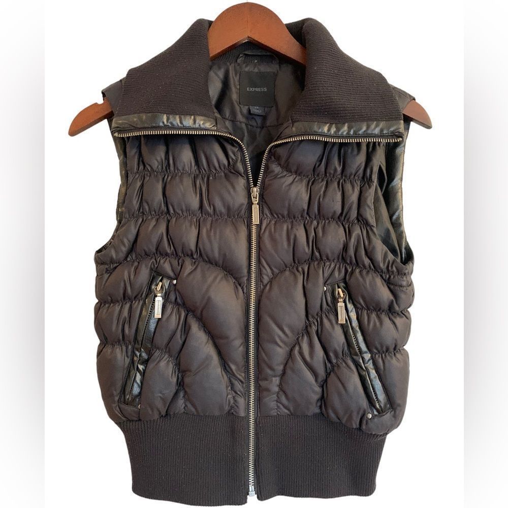 Express Womens Down Puffer Vest Full Zip Faux Leather Accents Black XS